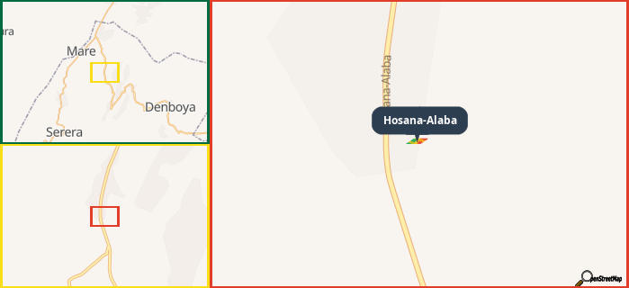 Map showing the address of Hosana-Alaba in three different zoom levels.