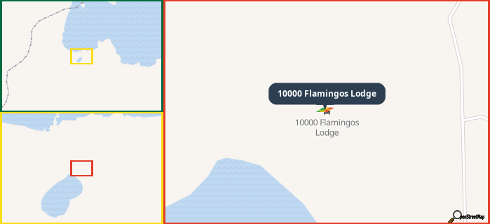 Map showing the address of 10000 Flamingos Lodge in three different zoom levels.