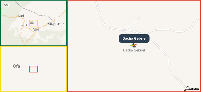 Map showing the address of Dacha Gebriel in three different zoom levels.