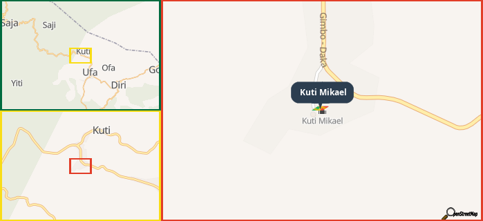Map showing the address of Kuti Mikael in three different zoom levels.