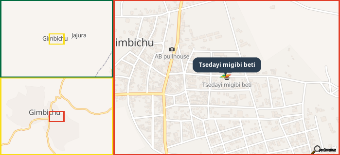 Map showing the address of Tsedayi migibi beti in three different zoom levels.