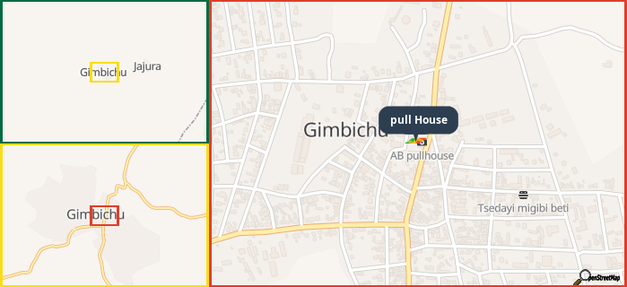 Map showing the address of pull House in three different zoom levels.