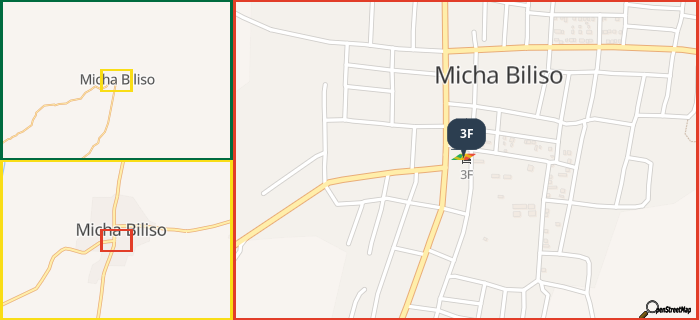 Map showing the address of 3F in three different zoom levels.
