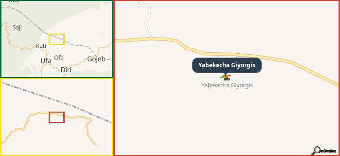 Map showing the address of Yabekecha Giyorgis in three different zoom levels.