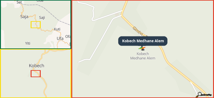Map showing the address of Kobech Medhane Alem in three different zoom levels.