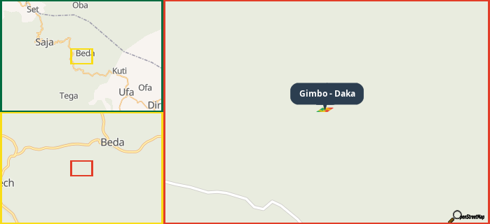 Map showing the address of Gimbo - Daka in three different zoom levels.