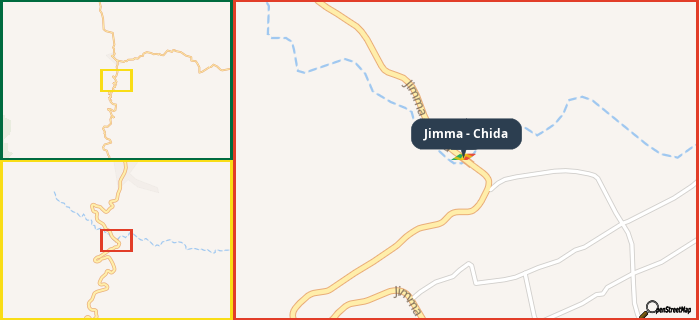 Map showing the address of Jimma - Chida in three different zoom levels.