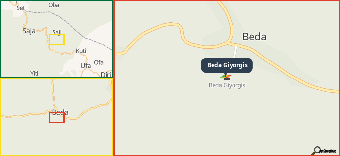 Map showing the address of Beda Giyorgis in three different zoom levels.