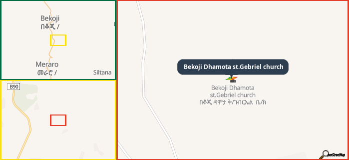 Map showing the address of Bekoji Dhamota st.Gebriel church in three different zoom levels.