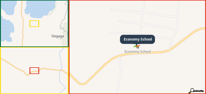 Map showing the address of Economy School in three different zoom levels.