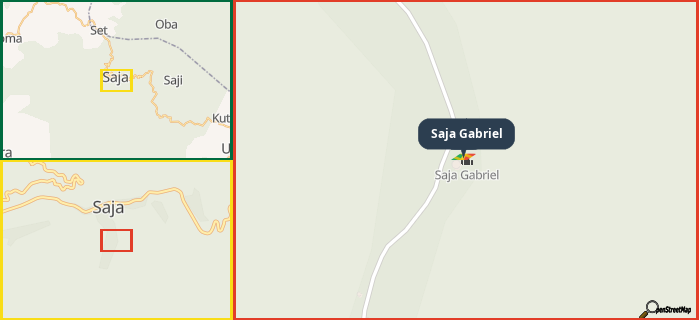 Map showing the address of Saja Gabriel in three different zoom levels.