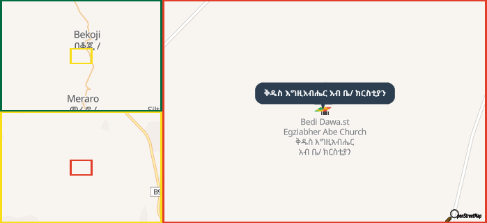 Map showing the address of ቅዱስ እግዚአብሔር አብ ቤ/ ክርስቲያን in three different zoom levels.