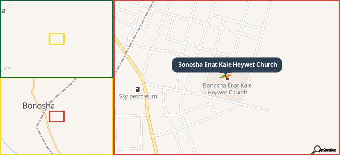 Map showing the address of Bonosha Enat Kale Heywet Church in three different zoom levels.