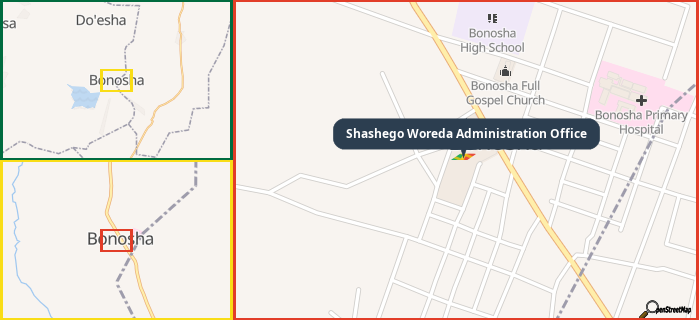 Map showing the address of Shashego Woreda Administration Office in three different zoom levels.