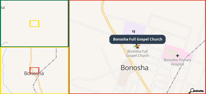 Map showing the address of Bonosha Full Gospel Church in three different zoom levels.