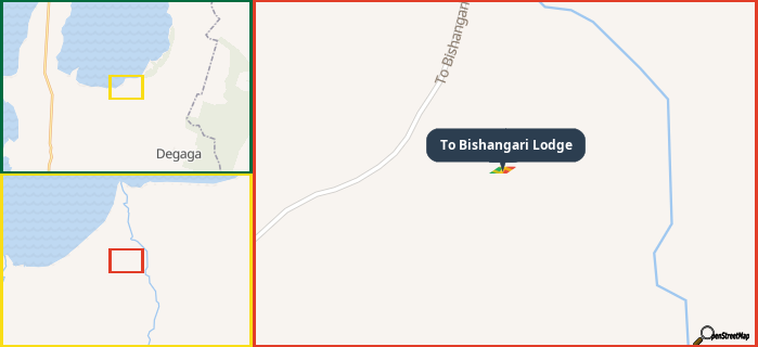 Map showing the address of To Bishangari Lodge in three different zoom levels.