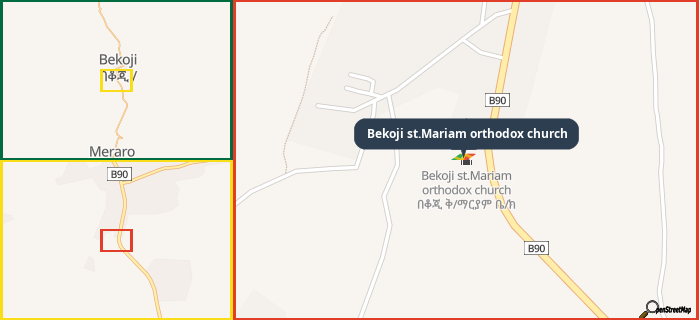 Map showing the address of Bekoji st.Mariam orthodox church in three different zoom levels.