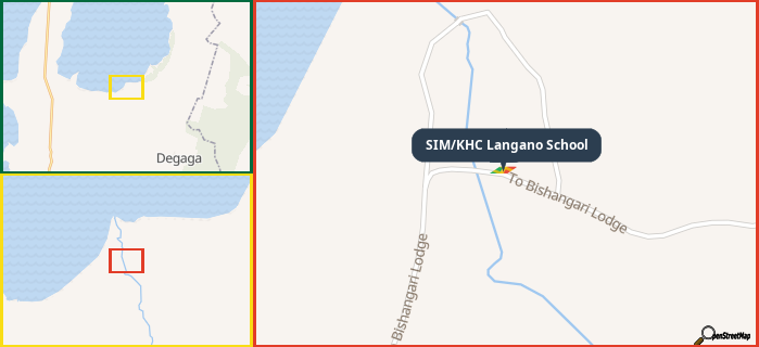 Map showing the address of SIM/KHC Langano School in three different zoom levels.