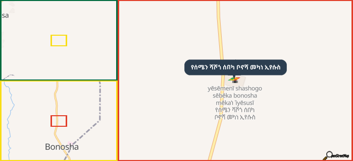 Map showing the address of የሰሜን ሻሾጎ ሰበካ ቦኖሻ መካነ ኢየሱስ in three different zoom levels.