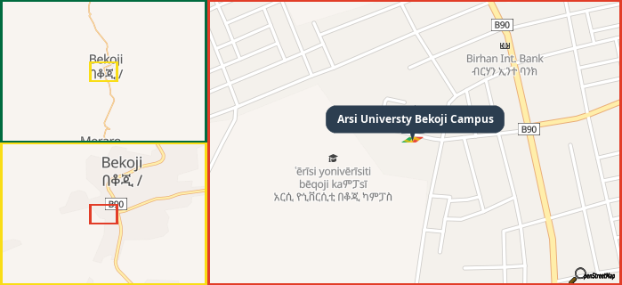 Map showing the address of Arsi Universty Bekoji Campus in three different zoom levels.