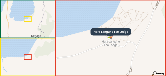 Map showing the address of Hara Langano Eco Lodge in three different zoom levels.