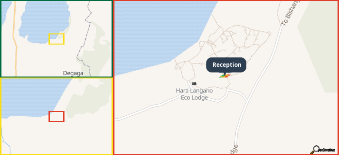 Map showing the address of Reception in three different zoom levels.