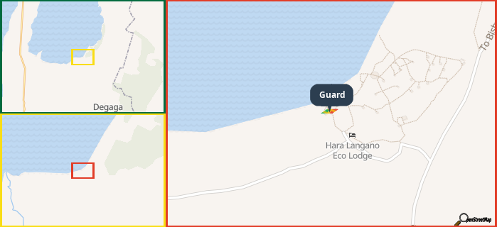 Map showing the address of Guard in three different zoom levels.