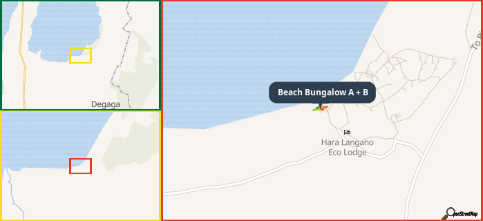 Map showing the address of Beach Bungalow A + B in three different zoom levels.