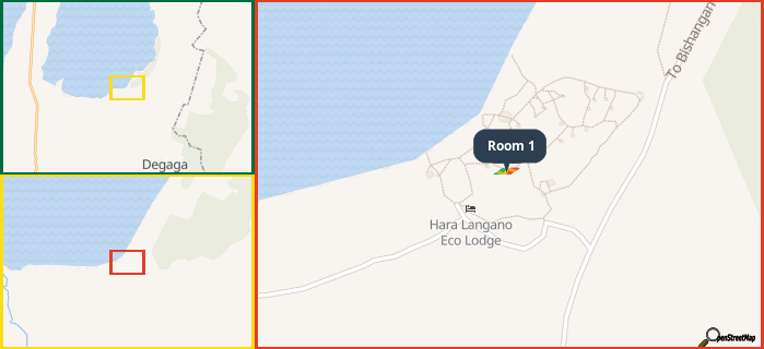 Map showing the address of Room 1 in three different zoom levels.