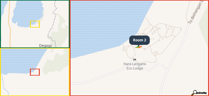 Map showing the address of Room 2 in three different zoom levels.