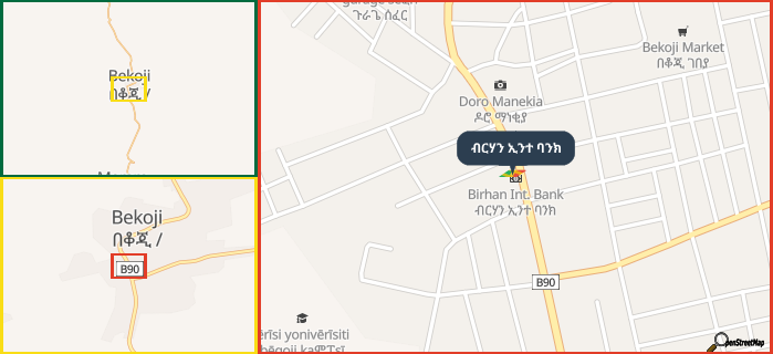 Map showing the address of ብርሃን ኢንተ ባንክ in three different zoom levels.