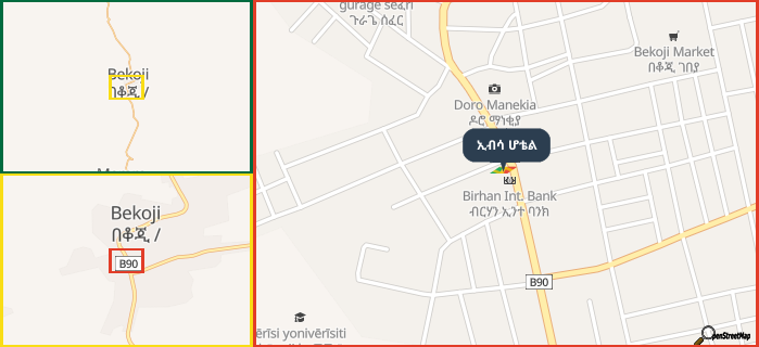 Map showing the address of ኢብሳ ሆቴል in three different zoom levels.