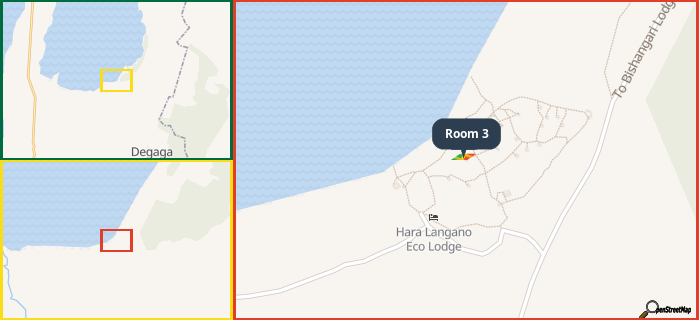 Map showing the address of Room 3 in three different zoom levels.