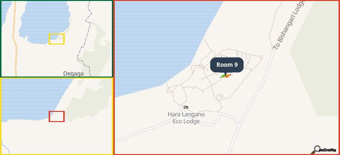 Map showing the address of Room 9 in three different zoom levels.