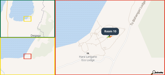 Map showing the address of Room 10 in three different zoom levels.