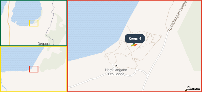 Map showing the address of Room 4 in three different zoom levels.