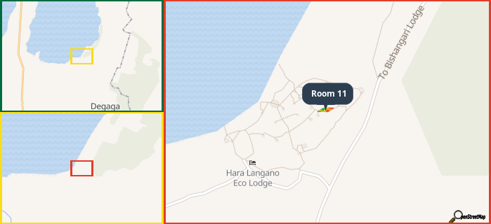 Map showing the address of Room 11 in three different zoom levels.