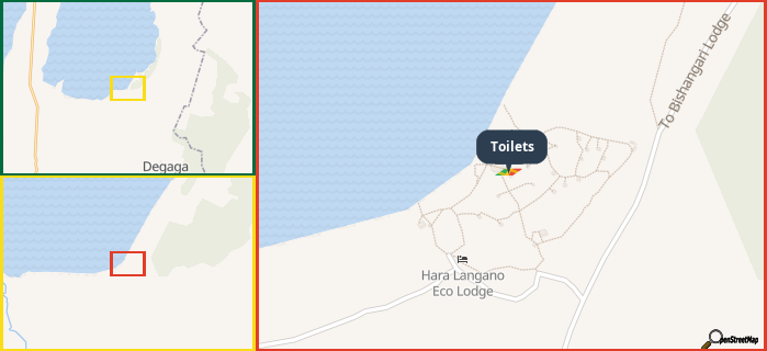 Map showing the address of Toilets in three different zoom levels.