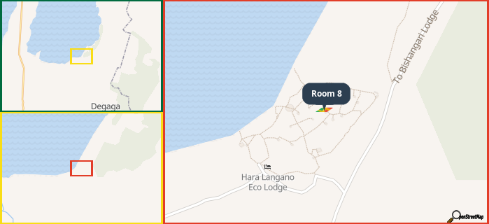 Map showing the address of Room 8 in three different zoom levels.