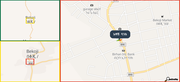 Map showing the address of አዋሽ  ባንክ in three different zoom levels.