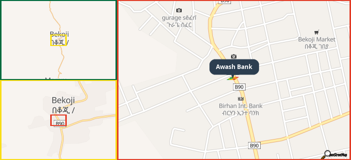 Map showing the address of Awash Bank in three different zoom levels.