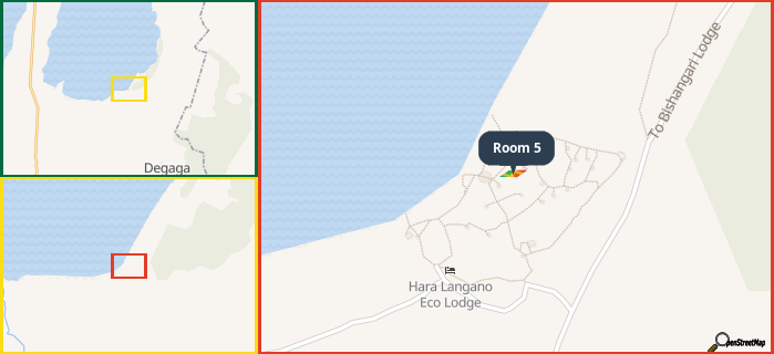 Map showing the address of Room 5 in three different zoom levels.