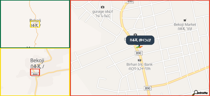 Map showing the address of በቆጂ መናኃሪያ in three different zoom levels.