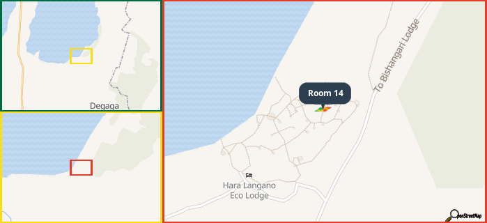 Map showing the address of Room 14 in three different zoom levels.