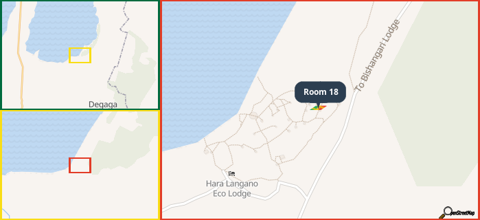 Map showing the address of Room 18 in three different zoom levels.