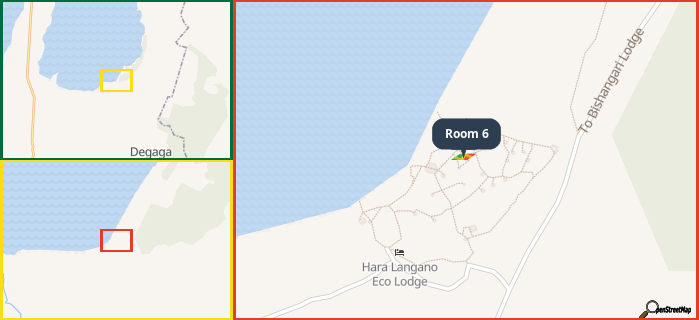 Map showing the address of Room 6 in three different zoom levels.