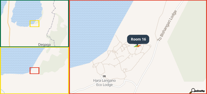 Map showing the address of Room 16 in three different zoom levels.