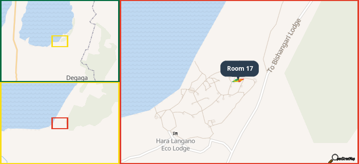 Map showing the address of Room 17 in three different zoom levels.