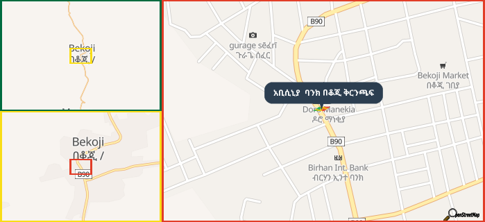 Map showing the address of አቢሲኒያ  ባንክ በቆጂ ቅርንጫፍ in three different zoom levels.