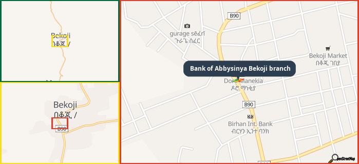 Map showing the address of Bank of Abbysinya Bekoji branch in three different zoom levels.
